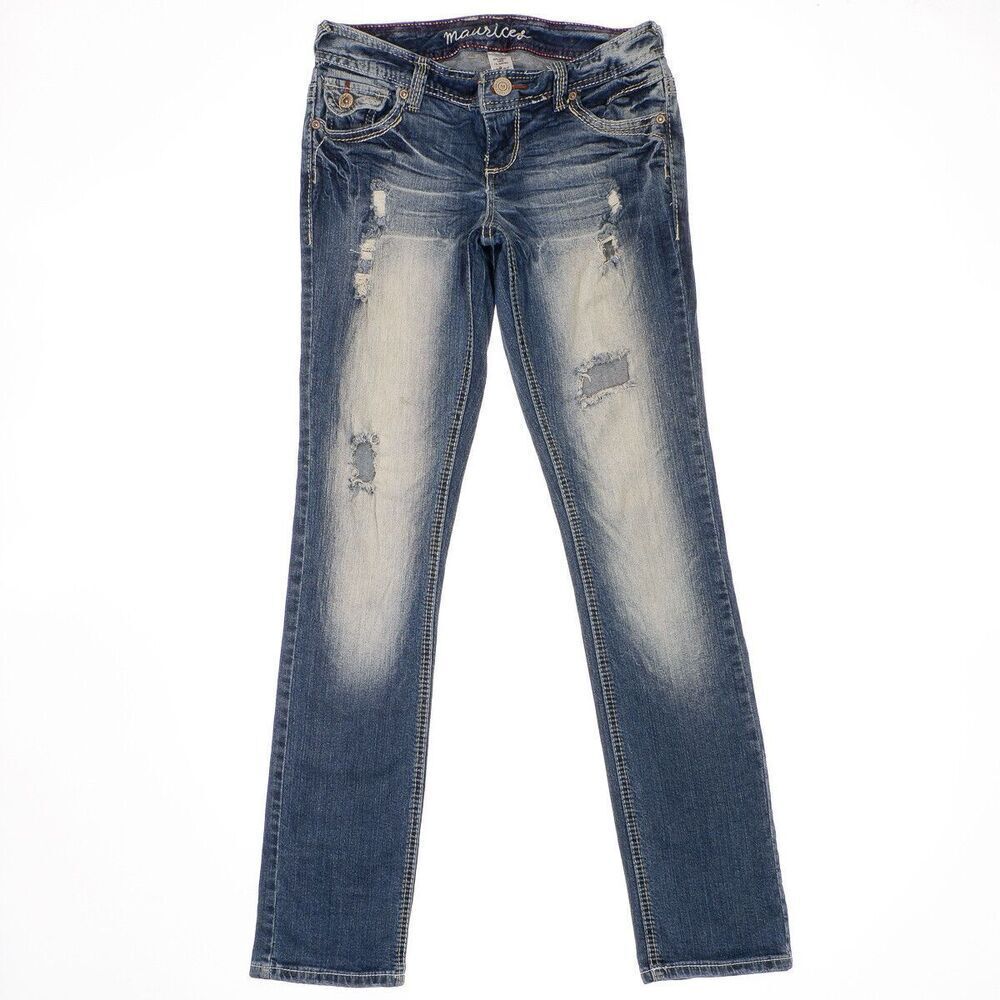 Maurices Straight Leg Jeans Size 3/4 Junior Womens Distress Holes Stretch 27x31